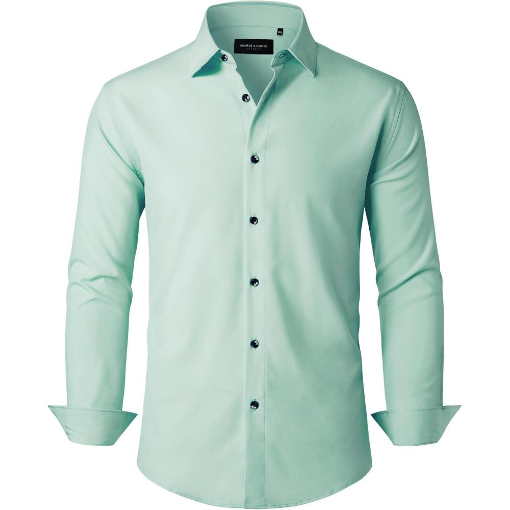 imageAlimens amp Gentle Mens Dress Shirts Stretch Long Sleeve Formal Business Wedding Button Down Shirt Wrinkle FreeTurquoise Green