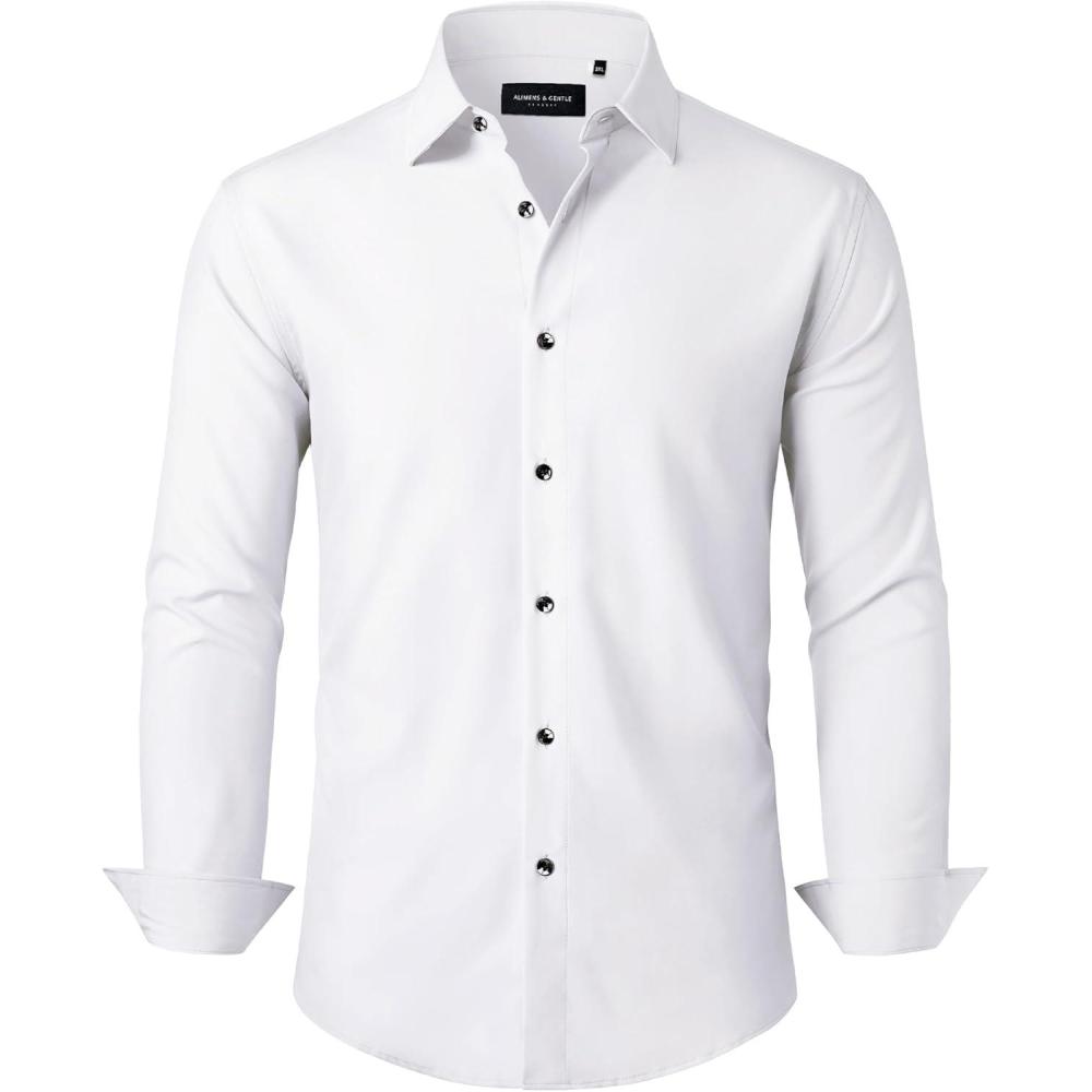 imageAlimens amp Gentle Mens Dress Shirts Stretch Long Sleeve Formal Business Wedding Button Down Shirt Wrinkle FreeWhite