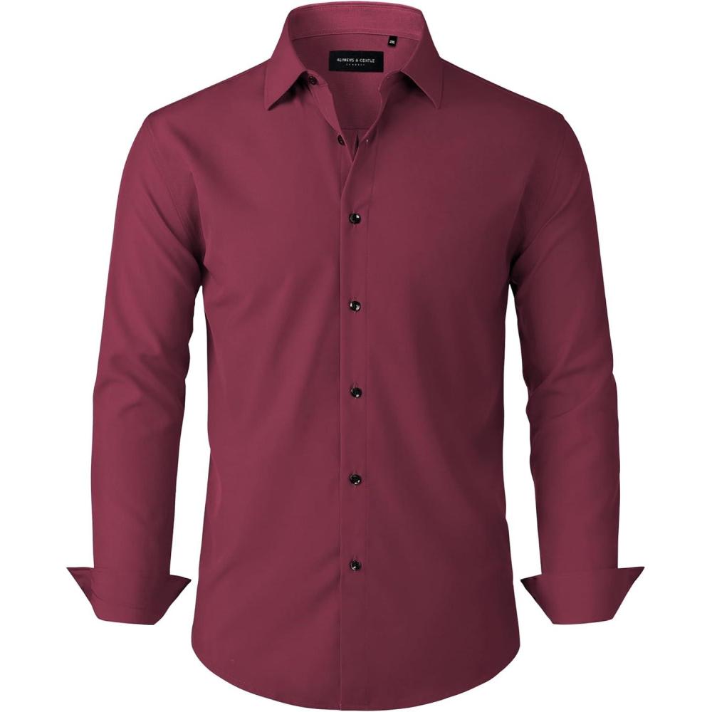 imageAlimens amp Gentle Mens Dress Shirts Stretch Long Sleeve Formal Business Wedding Button Down Shirt Wrinkle FreeWine Red