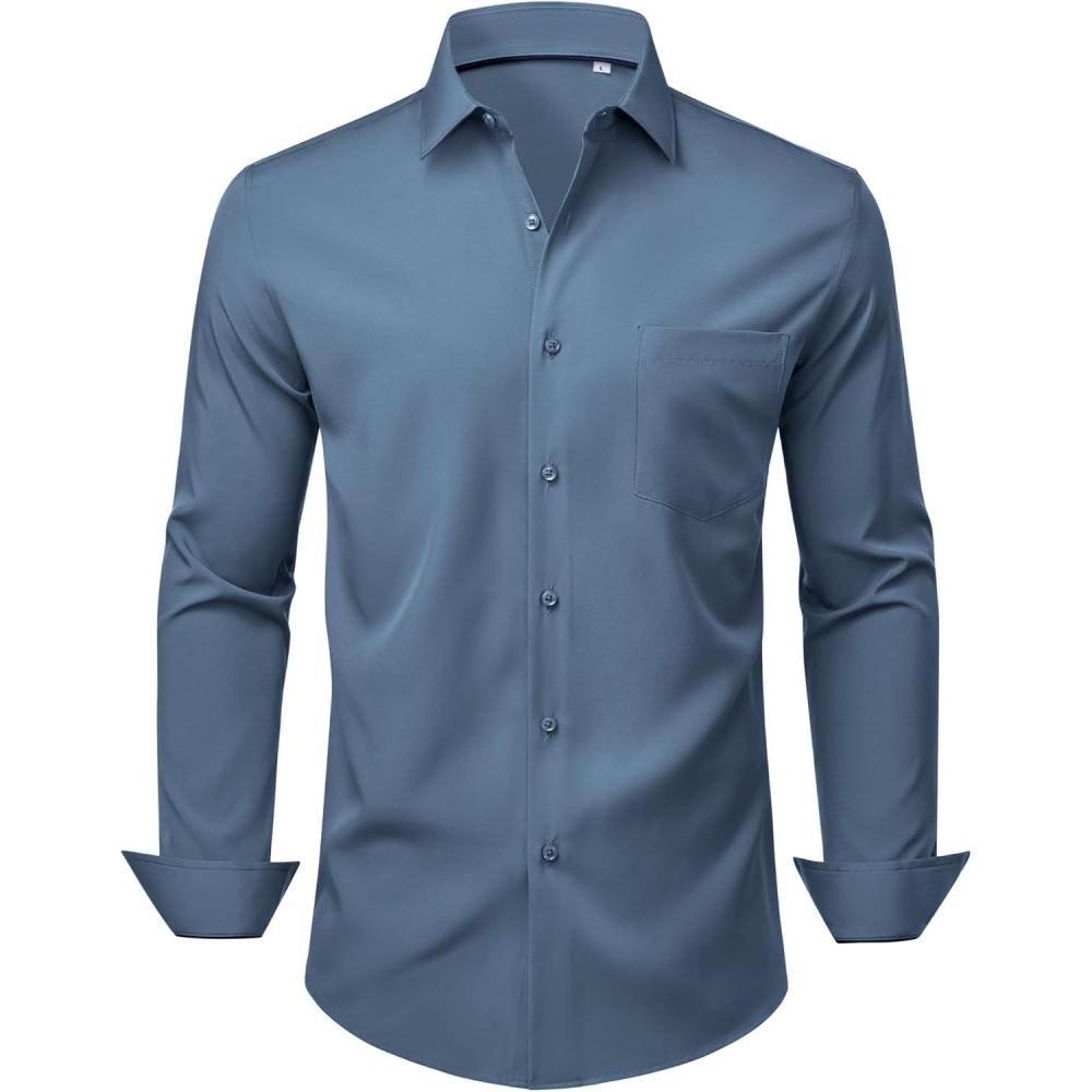imageAlimens amp Gentle Mens Dress Shirts Stretch Long Sleeve Wrinkle Free Business Casual Button Down Shirt for WeddingBlue