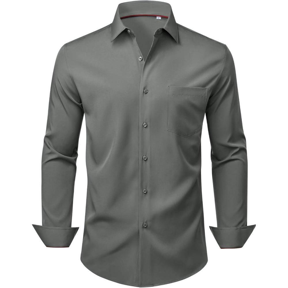 imageAlimens amp Gentle Mens Dress Shirts Stretch Long Sleeve Wrinkle Free Business Casual Button Down Shirt for WeddingGrey