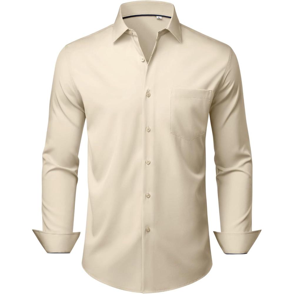 imageAlimens amp Gentle Mens Dress Shirts Stretch Long Sleeve Wrinkle Free Business Casual Button Down Shirt for WeddingKhaki