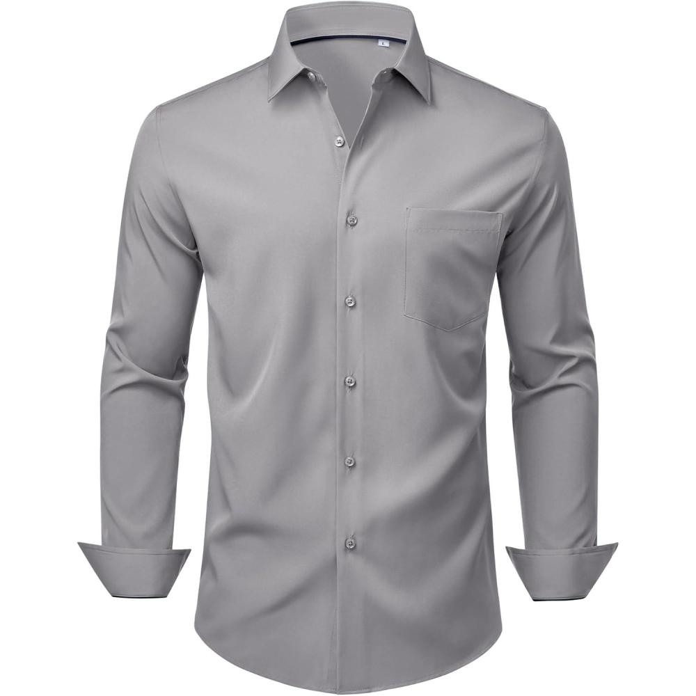 imageAlimens amp Gentle Mens Dress Shirts Stretch Long Sleeve Wrinkle Free Business Casual Button Down Shirt for WeddingLight Grey