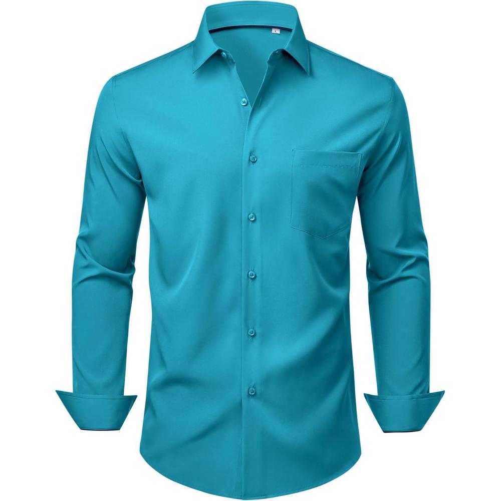 imageAlimens amp Gentle Mens Dress Shirts Stretch Long Sleeve Wrinkle Free Business Casual Button Down Shirt for WeddingTurquoise