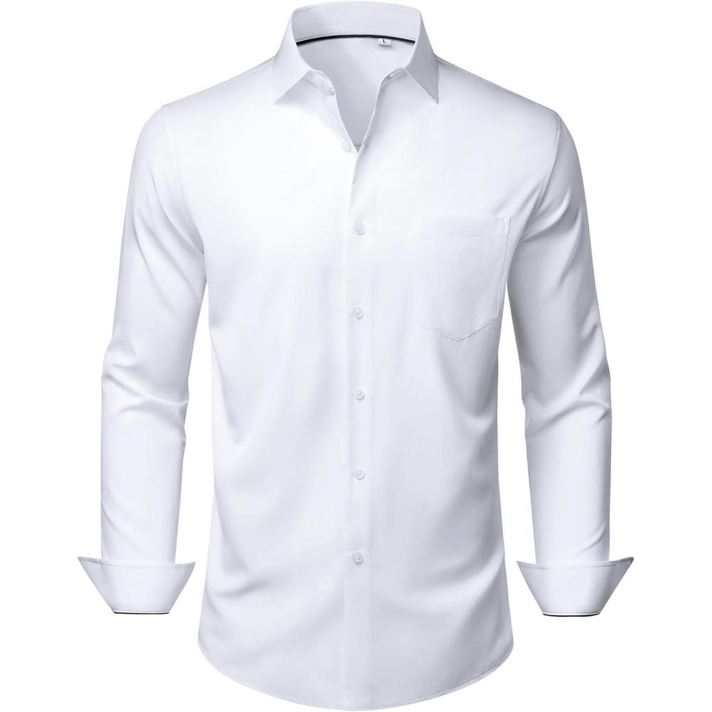 imageAlimens amp Gentle Mens Dress Shirts Stretch Long Sleeve Wrinkle Free Business Casual Button Down Shirt for WeddingWhite