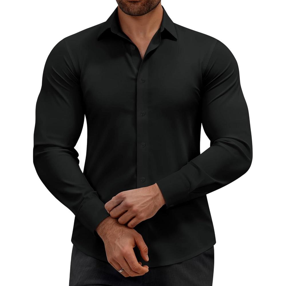 imageAlimens amp Gentle Mens Dress Shirts Stretch Muscle Fit Wrinkle Free Long Sleeve Button Down Shirt Casual Business Formal ShirtBlack