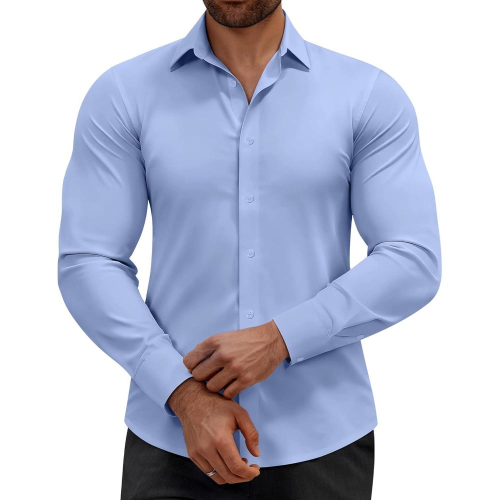 imageAlimens amp Gentle Mens Dress Shirts Stretch Muscle Fit Wrinkle Free Long Sleeve Button Down Shirt Casual Business Formal ShirtBlue