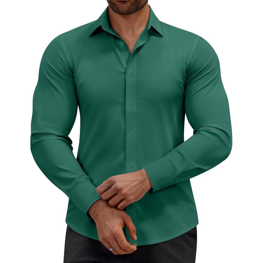 imageAlimens amp Gentle Mens Dress Shirts Stretch Muscle Fit Wrinkle Free Long Sleeve Button Down Shirt Casual Business Formal ShirtGreen