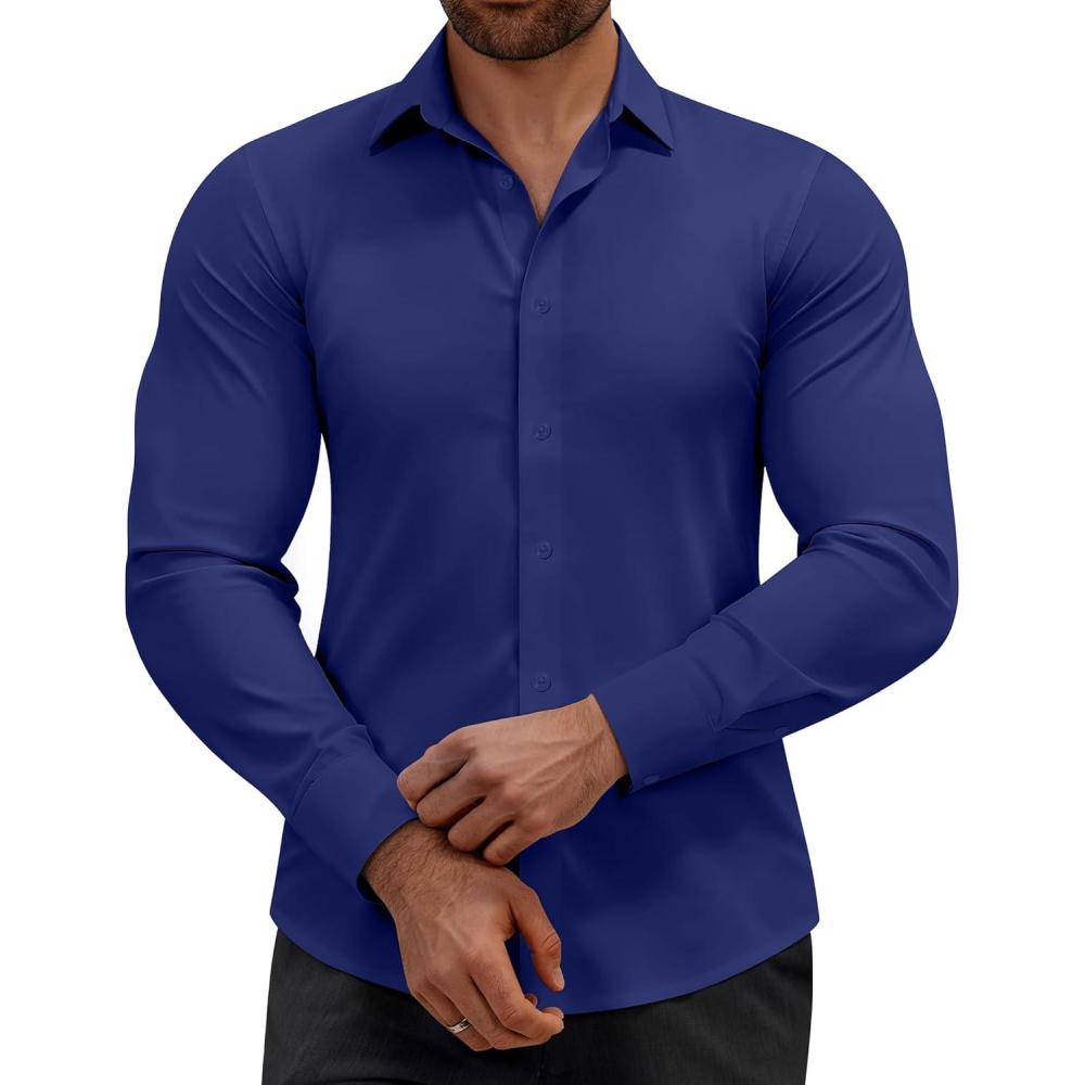 imageAlimens amp Gentle Mens Dress Shirts Stretch Muscle Fit Wrinkle Free Long Sleeve Button Down Shirt Casual Business Formal ShirtNavy Blue