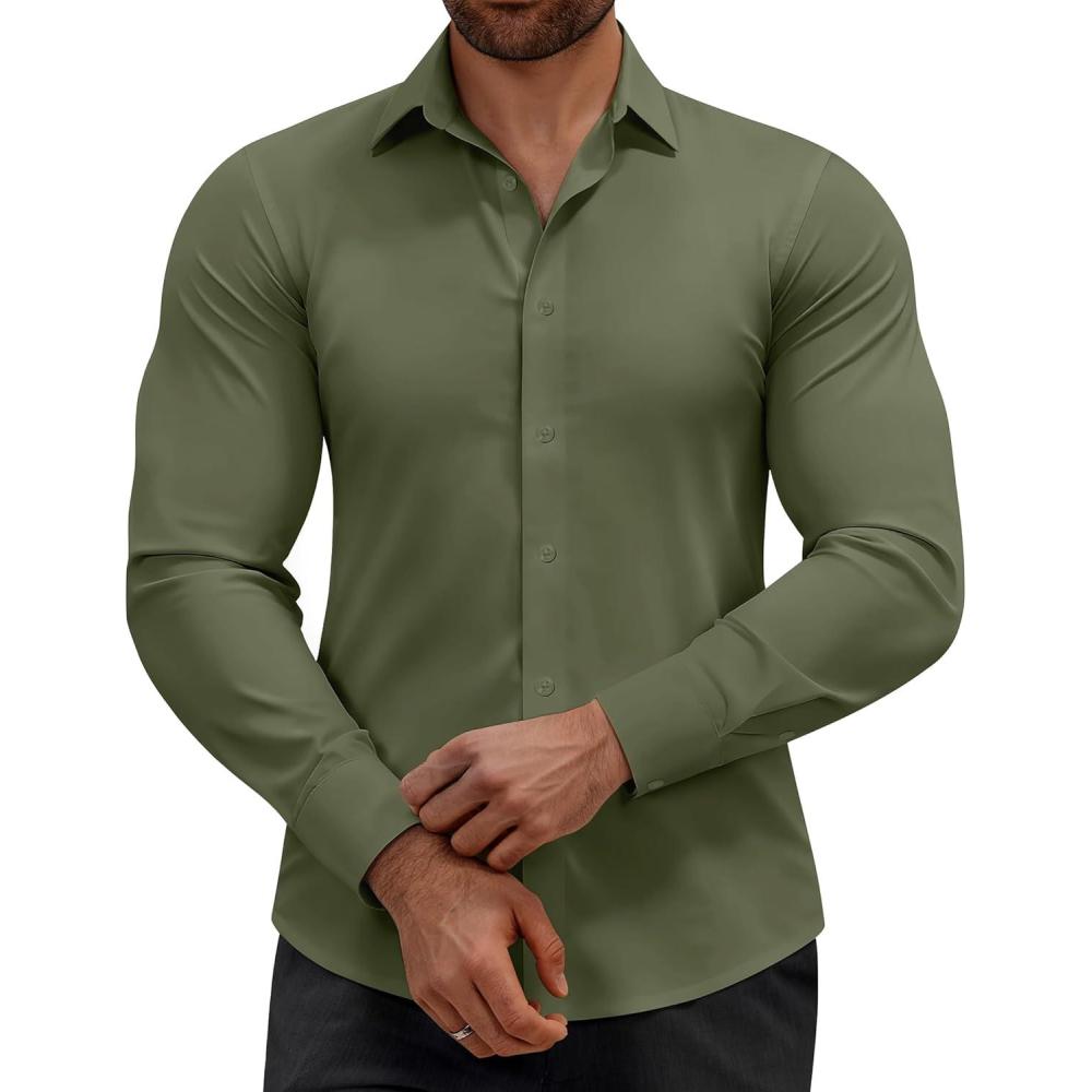 imageAlimens amp Gentle Mens Dress Shirts Stretch Muscle Fit Wrinkle Free Long Sleeve Button Down Shirt Casual Business Formal ShirtOlive