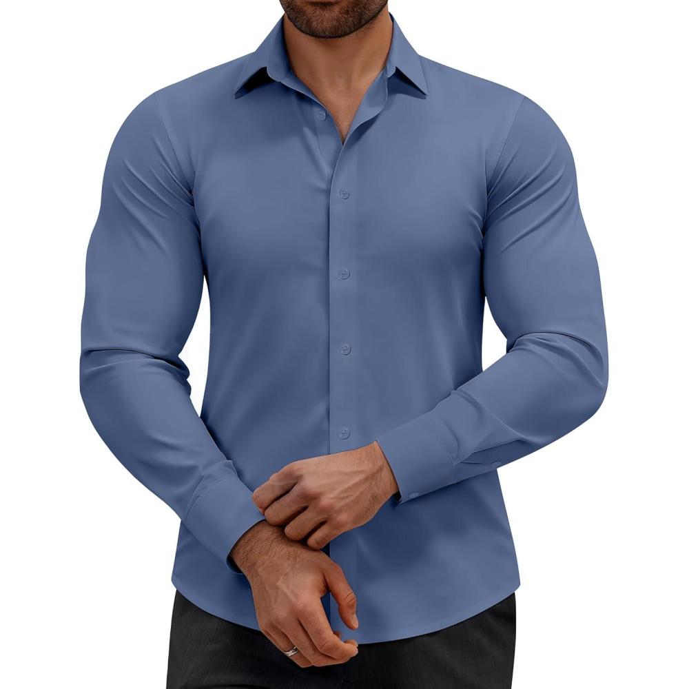 imageAlimens amp Gentle Mens Dress Shirts Stretch Muscle Fit Wrinkle Free Long Sleeve Button Down Shirt Casual Business Formal ShirtSteel Blue