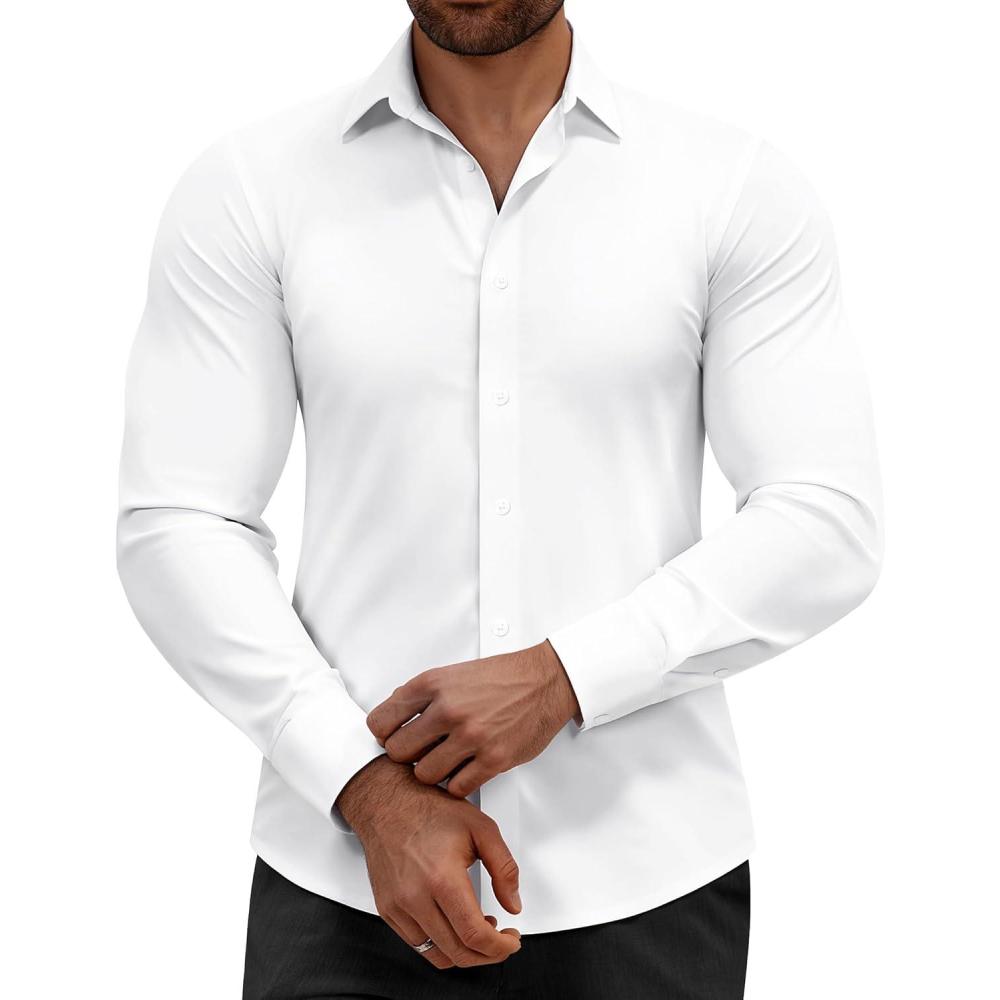 imageAlimens amp Gentle Mens Dress Shirts Stretch Muscle Fit Wrinkle Free Long Sleeve Button Down Shirt Casual Business Formal ShirtWhite