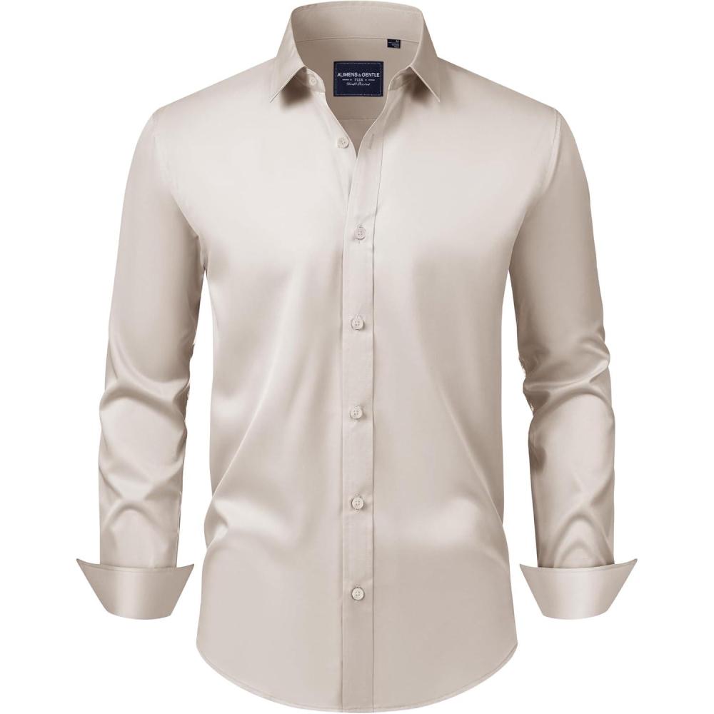 imageAlimens amp Gentle Mens Dress Shirts Transitional Weather Long Sleeve Stretch WrinkleFree Button Down TopBeige
