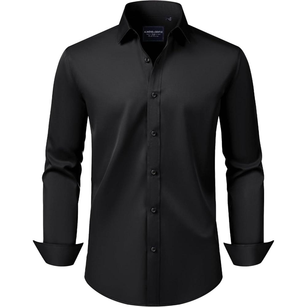 imageAlimens amp Gentle Mens Dress Shirts Transitional Weather Long Sleeve Stretch WrinkleFree Button Down TopBlack