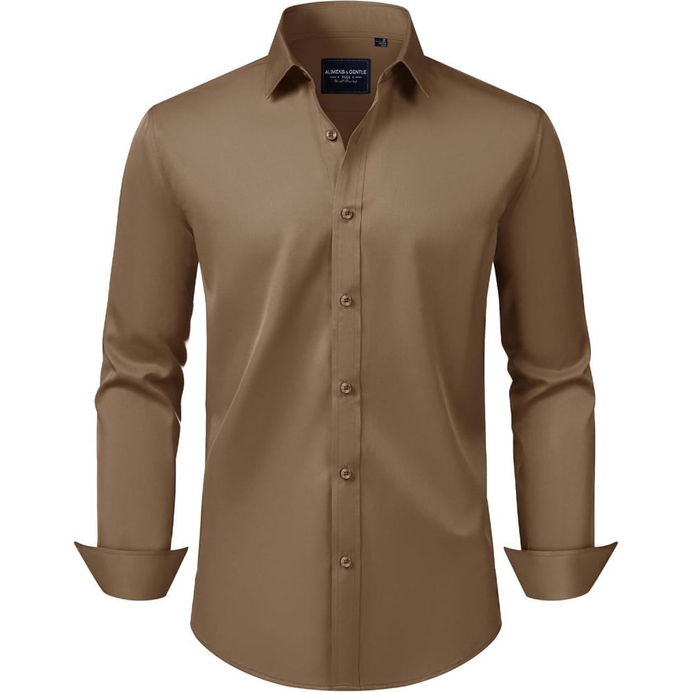 imageAlimens amp Gentle Mens Dress Shirts Transitional Weather Long Sleeve Stretch WrinkleFree Button Down TopDark Khaki