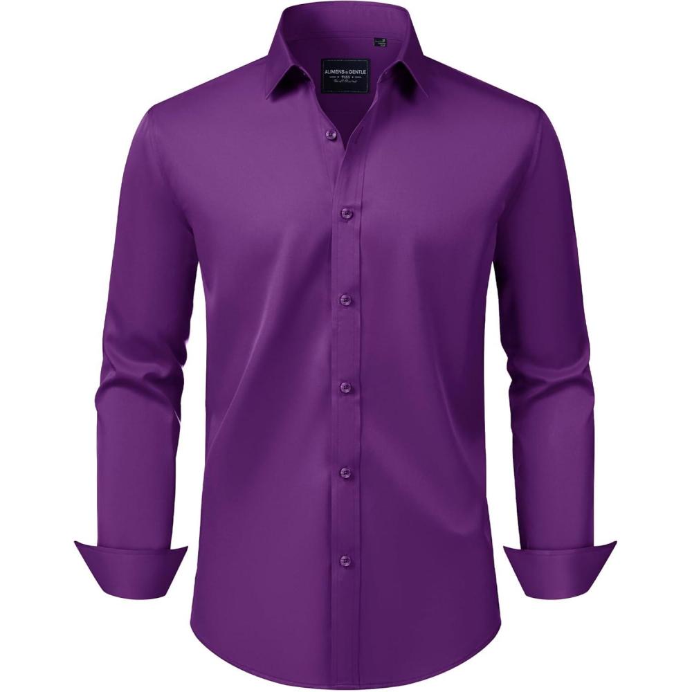 imageAlimens amp Gentle Mens Dress Shirts Transitional Weather Long Sleeve Stretch WrinkleFree Button Down TopDark Purple