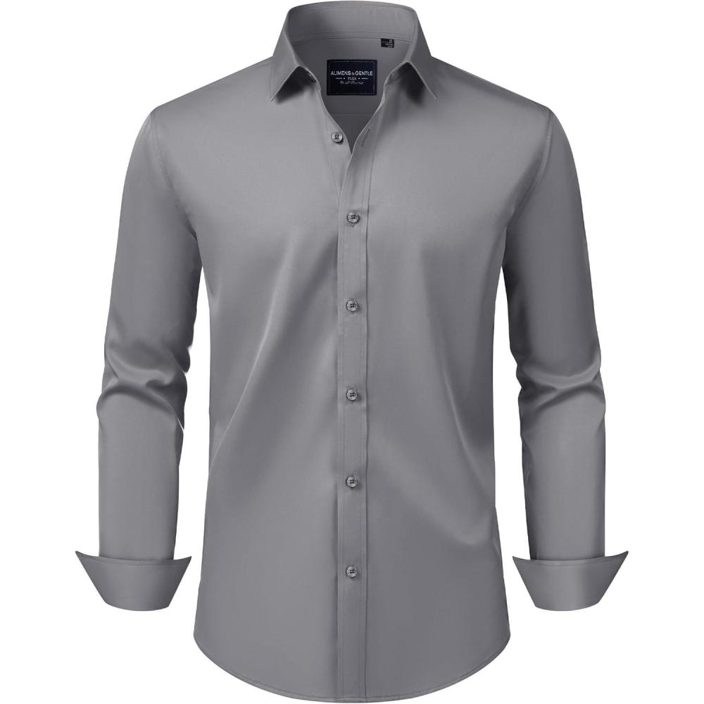 imageAlimens amp Gentle Mens Dress Shirts Transitional Weather Long Sleeve Stretch WrinkleFree Button Down TopGrey
