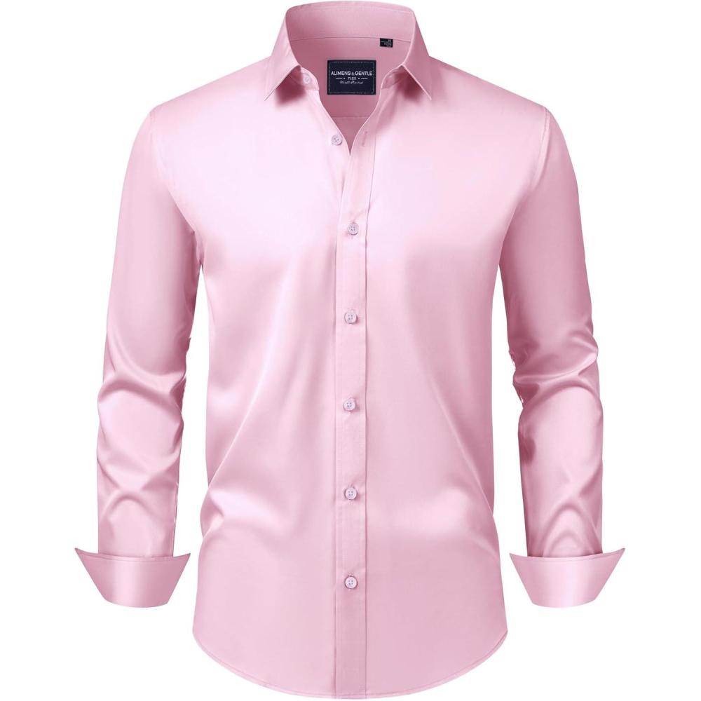 imageAlimens amp Gentle Mens Dress Shirts Transitional Weather Long Sleeve Stretch WrinkleFree Button Down TopPink