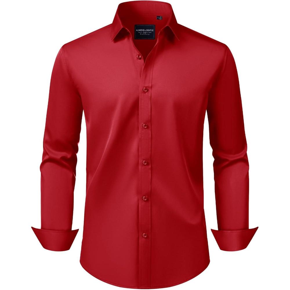 imageAlimens amp Gentle Mens Dress Shirts Transitional Weather Long Sleeve Stretch WrinkleFree Button Down TopRed