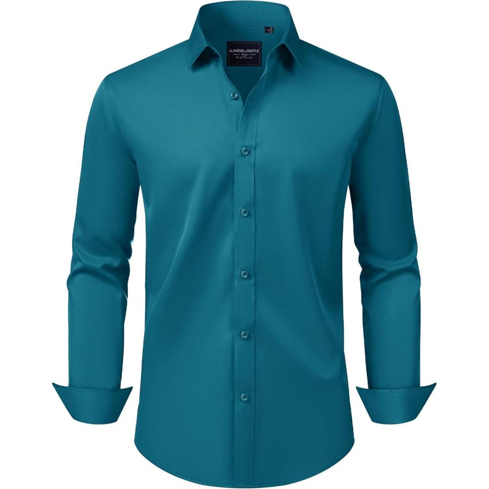 imageAlimens amp Gentle Mens Dress Shirts Transitional Weather Long Sleeve Stretch WrinkleFree Button Down TopTeal