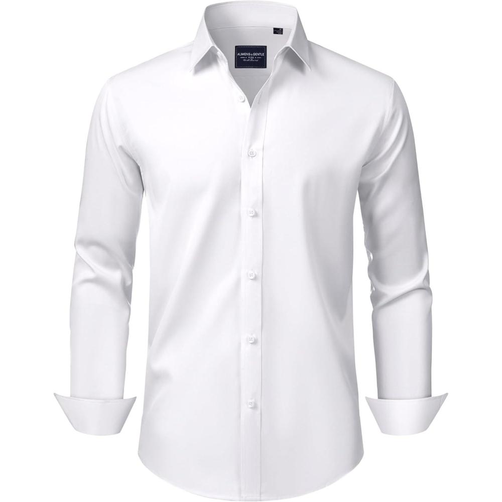 imageAlimens amp Gentle Mens Dress Shirts Transitional Weather Long Sleeve Stretch WrinkleFree Button Down TopWhite