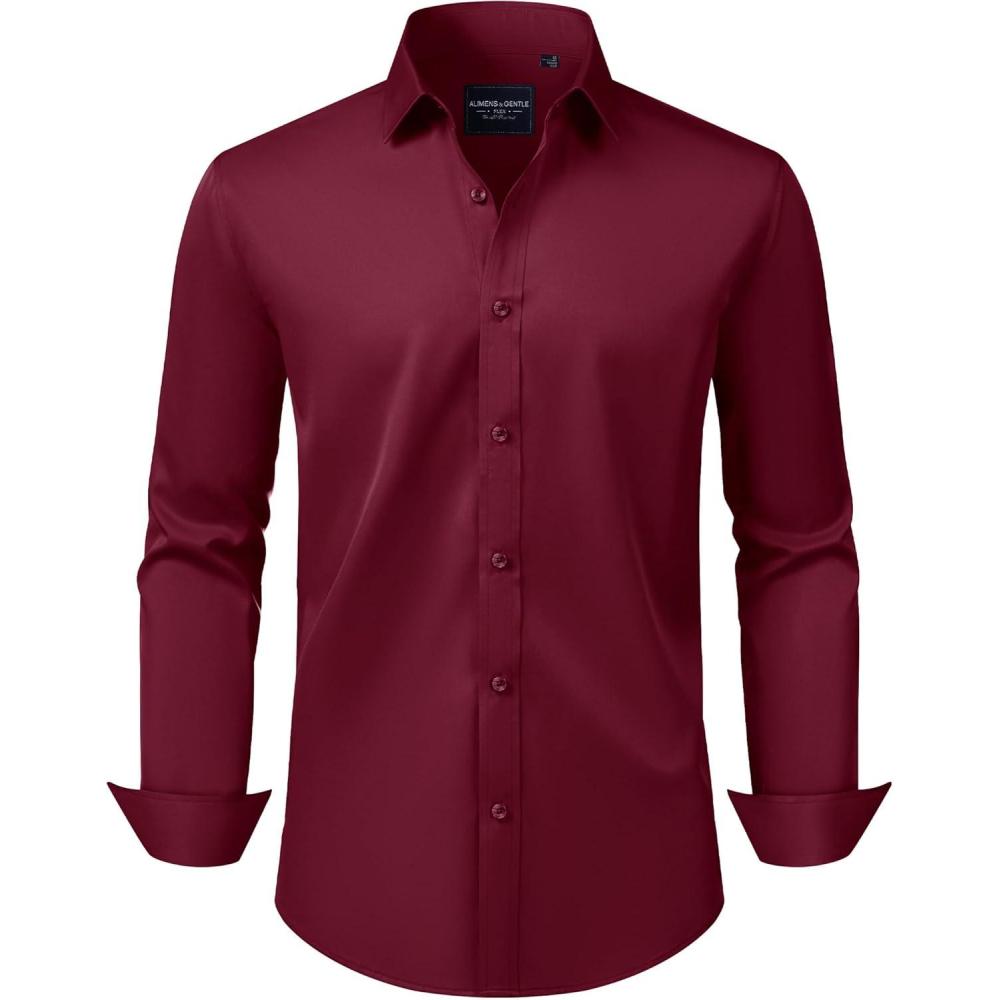 imageAlimens amp Gentle Mens Dress Shirts Transitional Weather Long Sleeve Stretch WrinkleFree Button Down TopWine Red