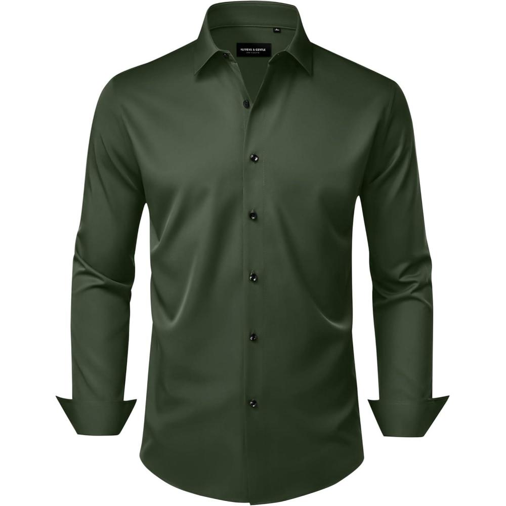 imageAlimens amp Gentle Mens Dress Shirts Wrinkle Free Stretch Solid Long Sleeve Button Down Shirt Wedding DatingArmy Green