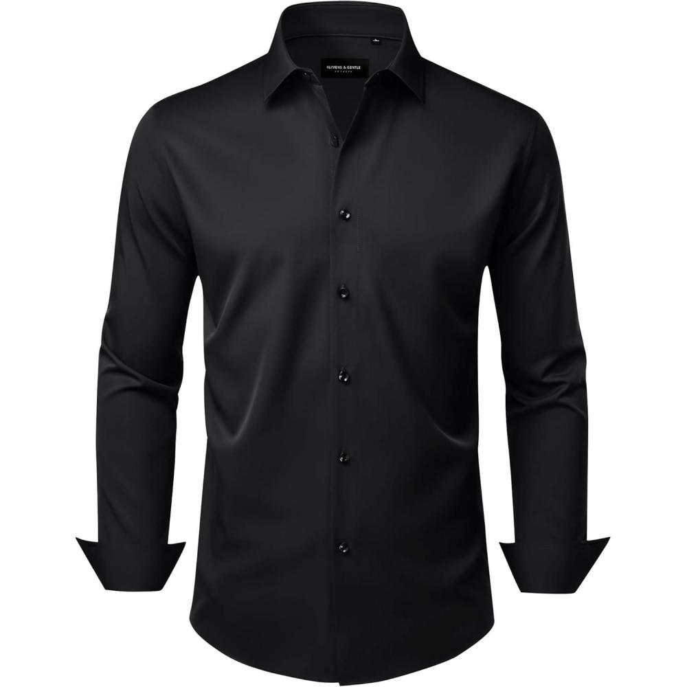 imageAlimens amp Gentle Mens Dress Shirts Wrinkle Free Stretch Solid Long Sleeve Button Down Shirt Wedding DatingBlack