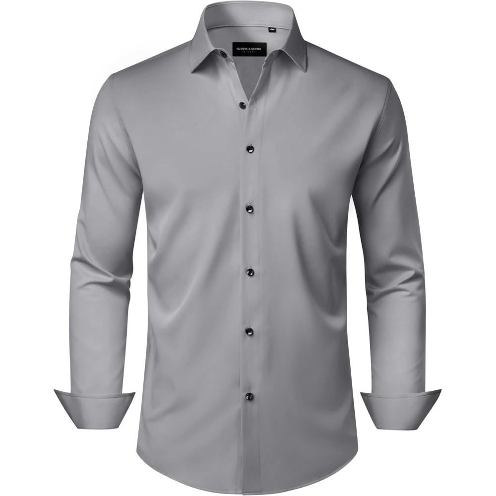 imageAlimens amp Gentle Mens Dress Shirts Wrinkle Free Stretch Solid Long Sleeve Button Down Shirt Wedding DatingGrey