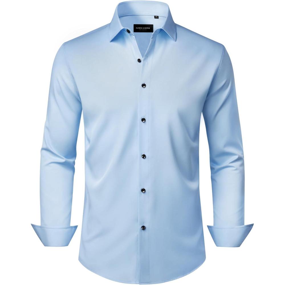 imageAlimens amp Gentle Mens Dress Shirts Wrinkle Free Stretch Solid Long Sleeve Button Down Shirt Wedding DatingLight Blue