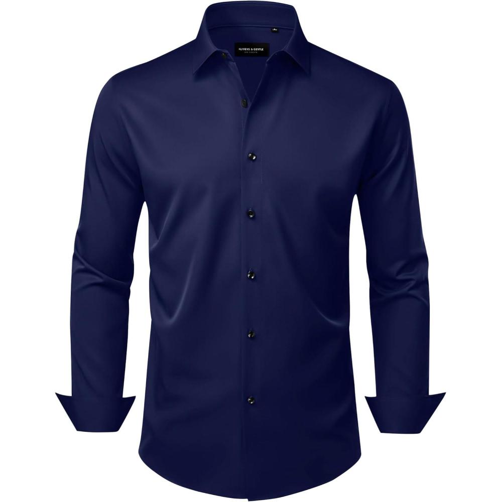 imageAlimens amp Gentle Mens Dress Shirts Wrinkle Free Stretch Solid Long Sleeve Button Down Shirt Wedding DatingNavy Blue