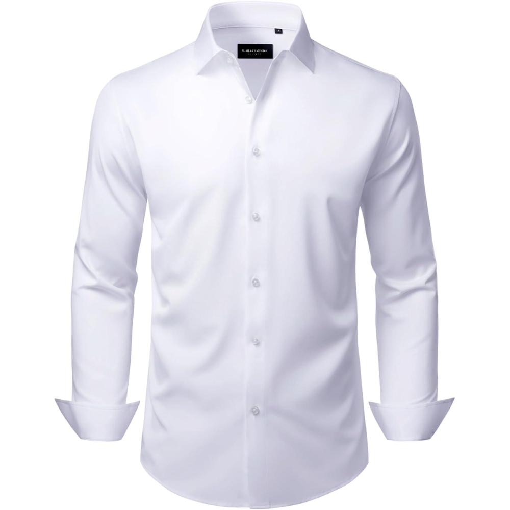 imageAlimens amp Gentle Mens Dress Shirts Wrinkle Free Stretch Solid Long Sleeve Button Down Shirt Wedding DatingSolid White