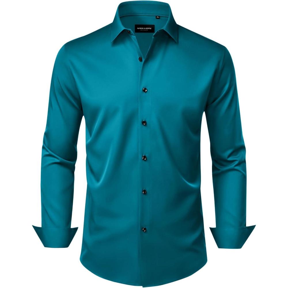 imageAlimens amp Gentle Mens Dress Shirts Wrinkle Free Stretch Solid Long Sleeve Button Down Shirt Wedding DatingTeal