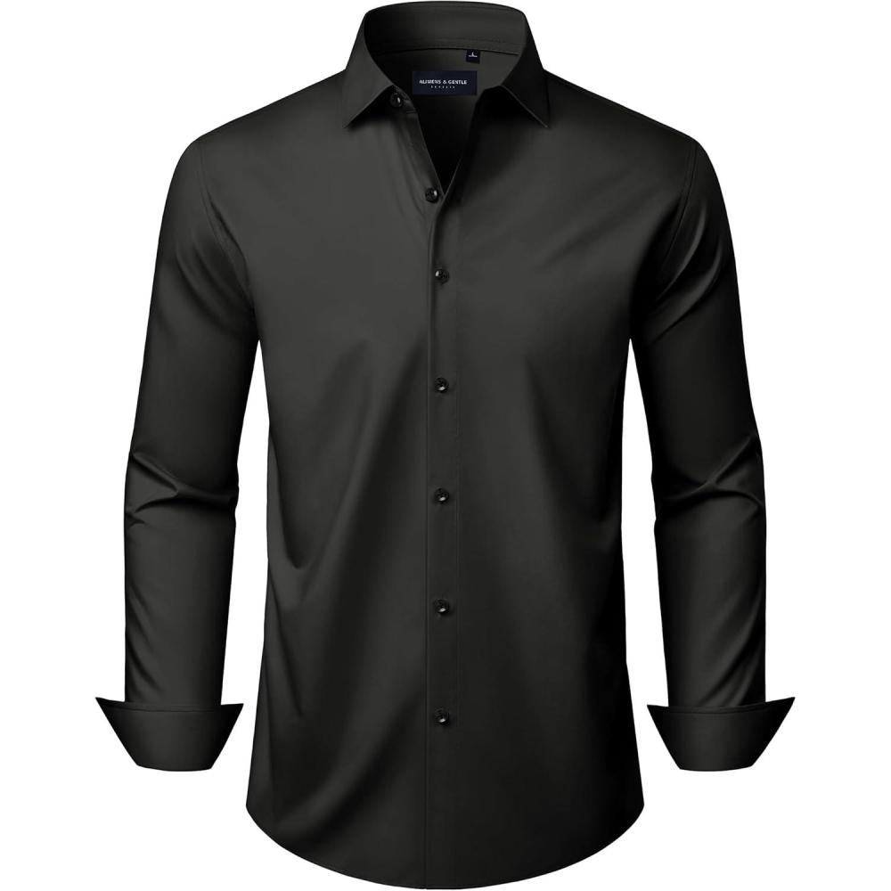 imageAlimens amp Gentle Mens Long Sleeve Dress Shirts Wrinkle Free Stretch Wedding Business Casual Button Down ShirtBlack