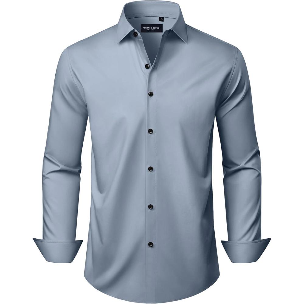 imageAlimens amp Gentle Mens Long Sleeve Dress Shirts Wrinkle Free Stretch Wedding Business Casual Button Down ShirtGrey