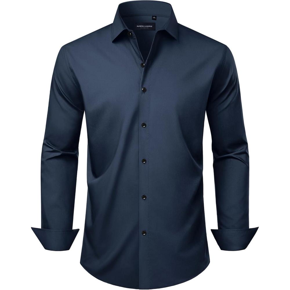 imageAlimens amp Gentle Mens Long Sleeve Dress Shirts Wrinkle Free Stretch Wedding Business Casual Button Down ShirtNavy Blue