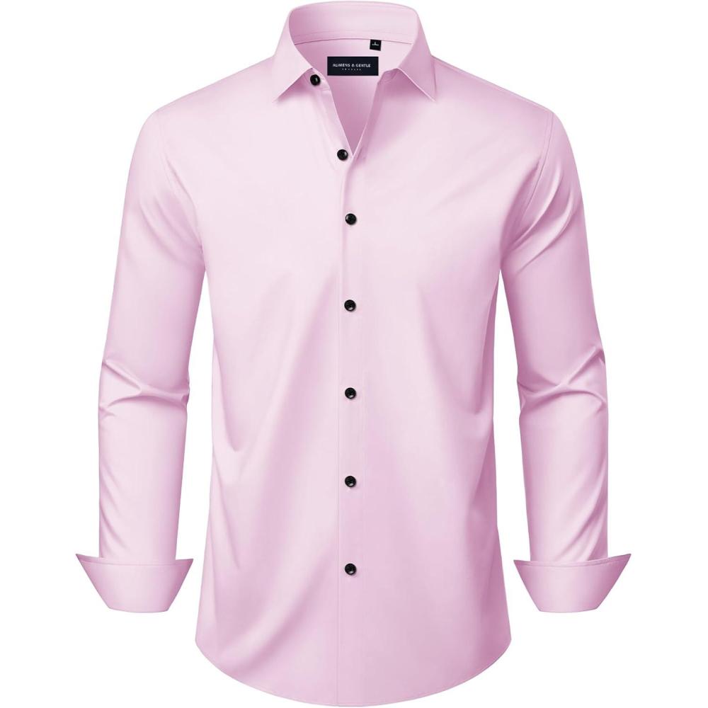 imageAlimens amp Gentle Mens Long Sleeve Dress Shirts Wrinkle Free Stretch Wedding Business Casual Button Down ShirtPink