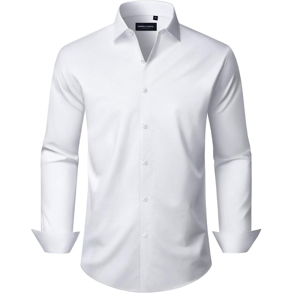 imageAlimens amp Gentle Mens Long Sleeve Dress Shirts Wrinkle Free Stretch Wedding Business Casual Button Down ShirtWhite