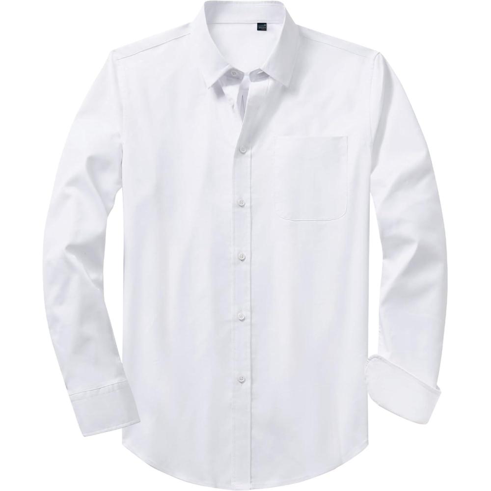 imageAlimens amp Gentle Mens Oxford Shirt Solid Stretch Dress Shirts Casual Business Long Sleeve Button Down Shirt with PocketAll White