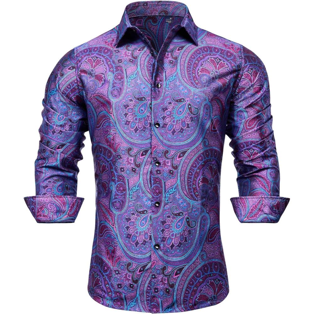 imageAlimens amp Gentle Mens Paisley Dress Shirt Long Sleeve Luxury Button Down Floral Shirt Party Casual WeddingPurple Blue