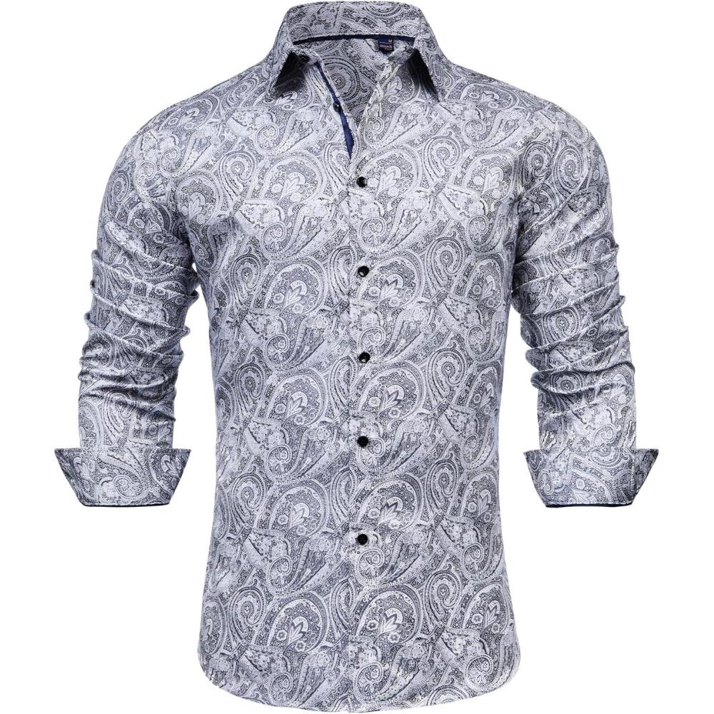 imageAlimens amp Gentle Mens Paisley Dress Shirt Long Sleeve Luxury Button Down Floral Shirt Party Casual WeddingSilver
