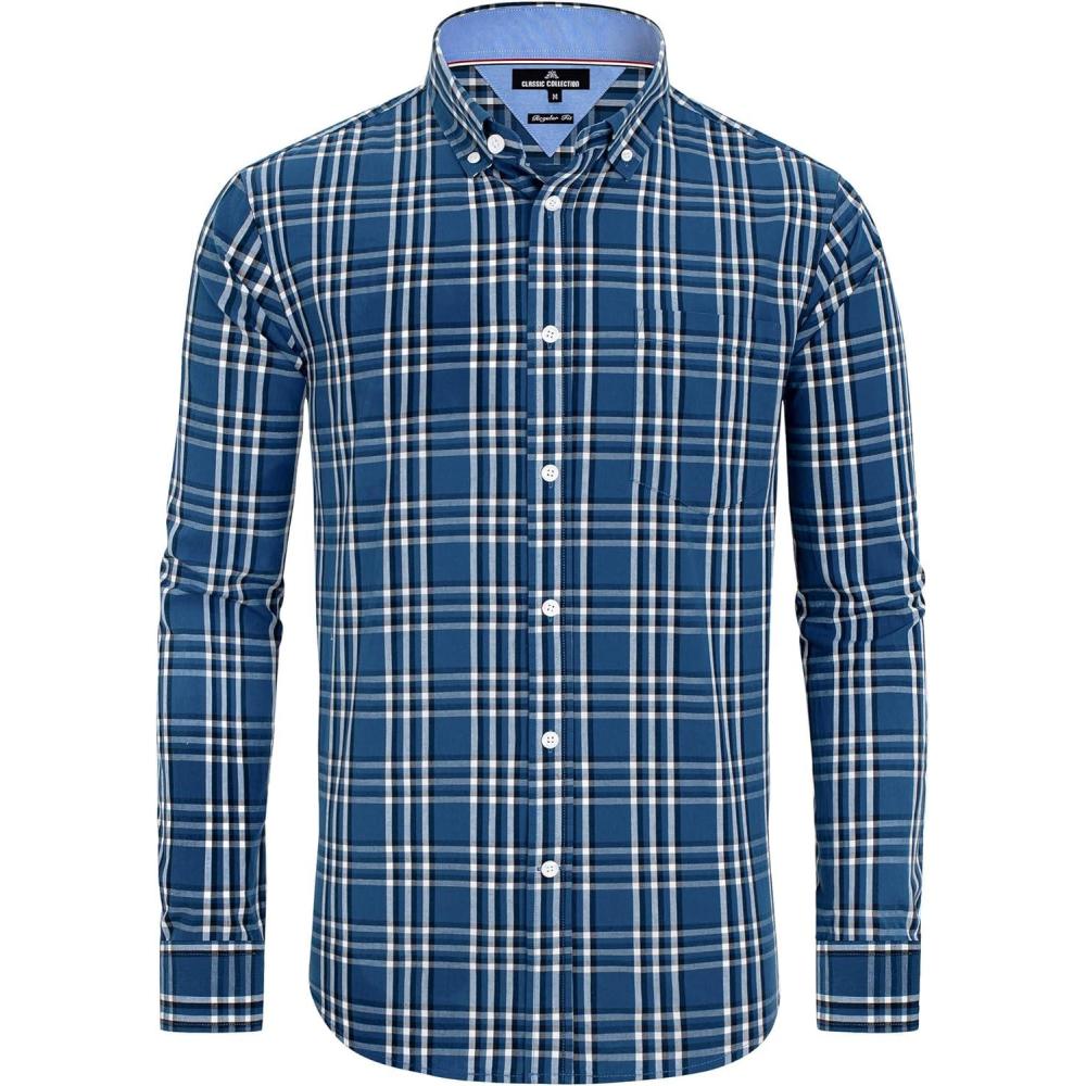 imageAlimens amp Gentle Mens Plaid Button Down Shirts Cotton Long Sleeve Dress Shirts Regular Fit Gingham ShirtsNavy White Checked