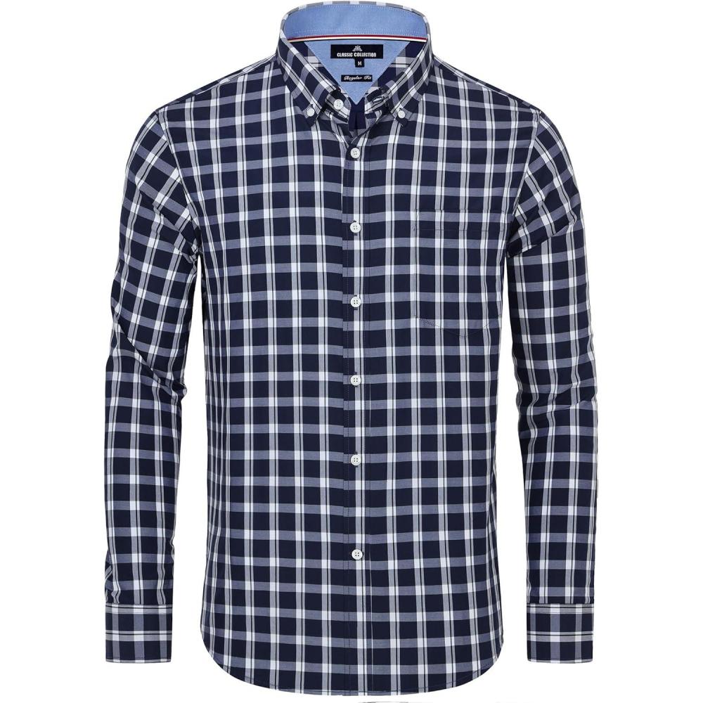 imageAlimens amp Gentle Mens Plaid Button Down Shirts Cotton Long Sleeve Dress Shirts Regular Fit Gingham ShirtsNavy White Plaid