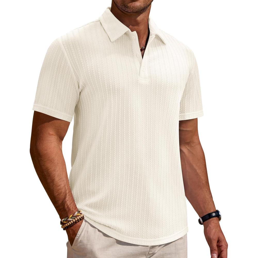 imageAlimens amp Gentle Mens Polo Shirts Short Sleeve Textured Knit Casual Beach Vacation Stretchy Golf ShirtsBeige
