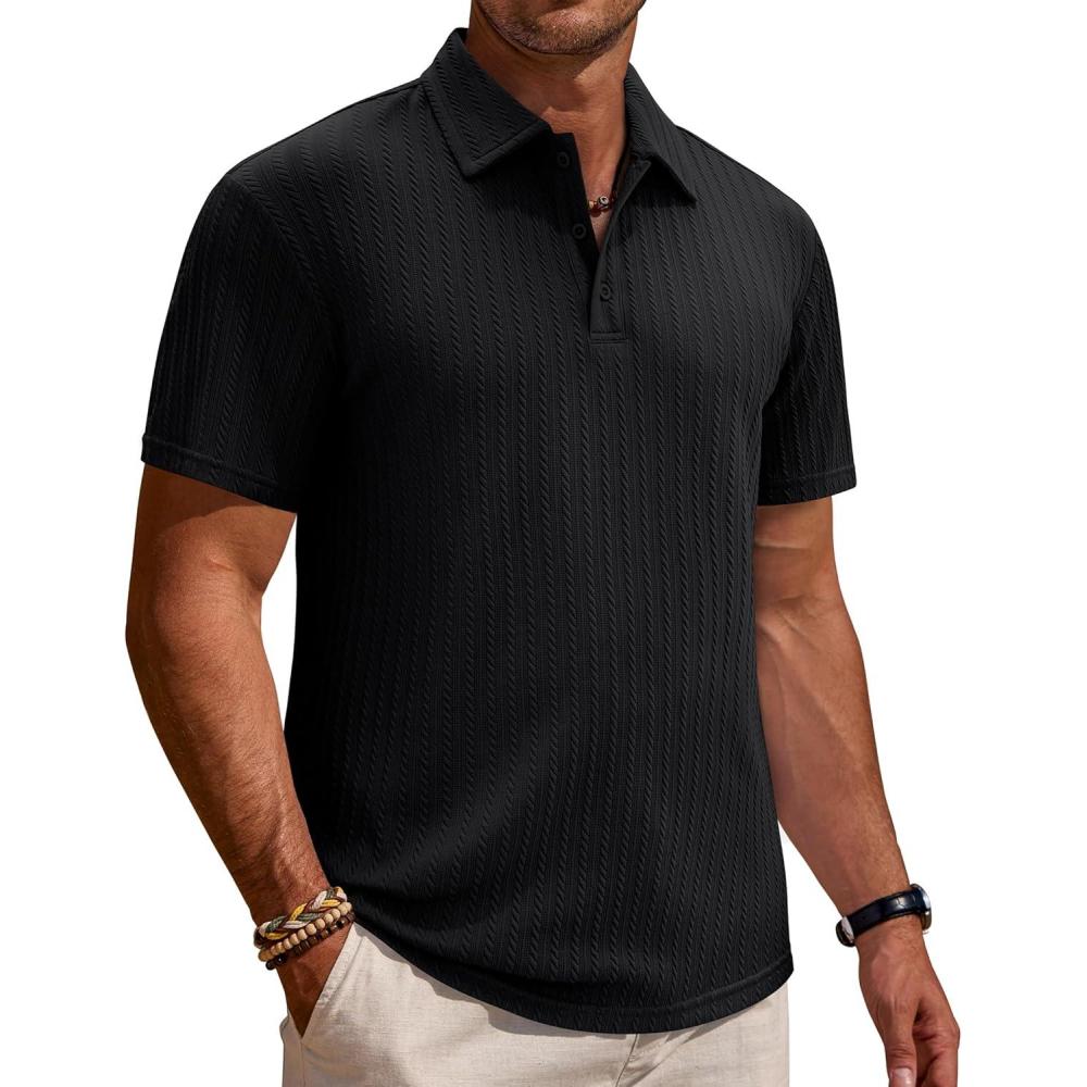 imageAlimens amp Gentle Mens Polo Shirts Short Sleeve Textured Knit Casual Beach Vacation Stretchy Golf ShirtsBlack