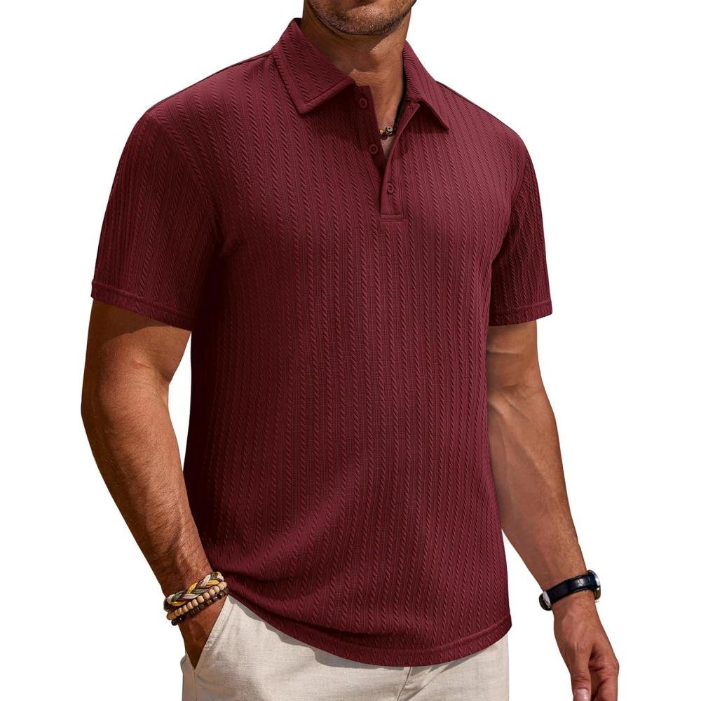 imageAlimens amp Gentle Mens Polo Shirts Short Sleeve Textured Knit Casual Beach Vacation Stretchy Golf ShirtsBurgundy