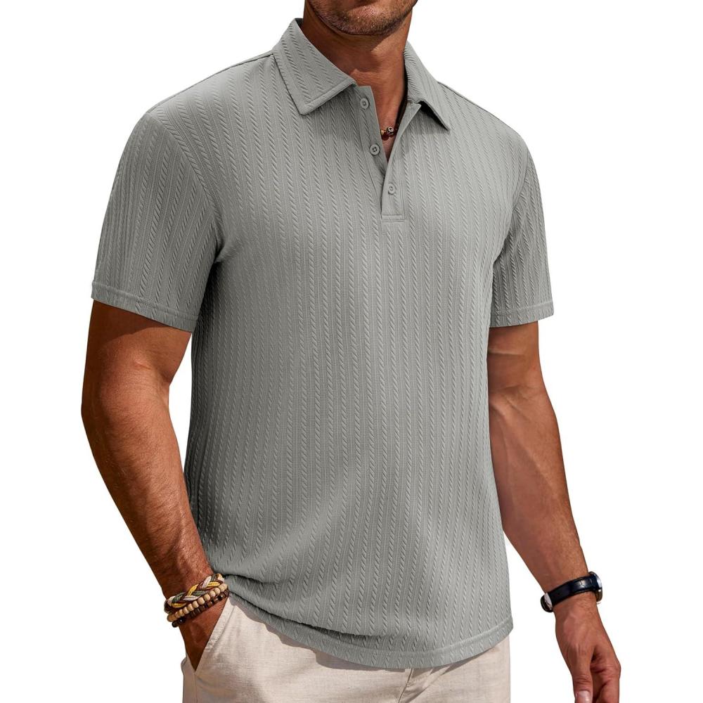 imageAlimens amp Gentle Mens Polo Shirts Short Sleeve Textured Knit Casual Beach Vacation Stretchy Golf ShirtsGrey
