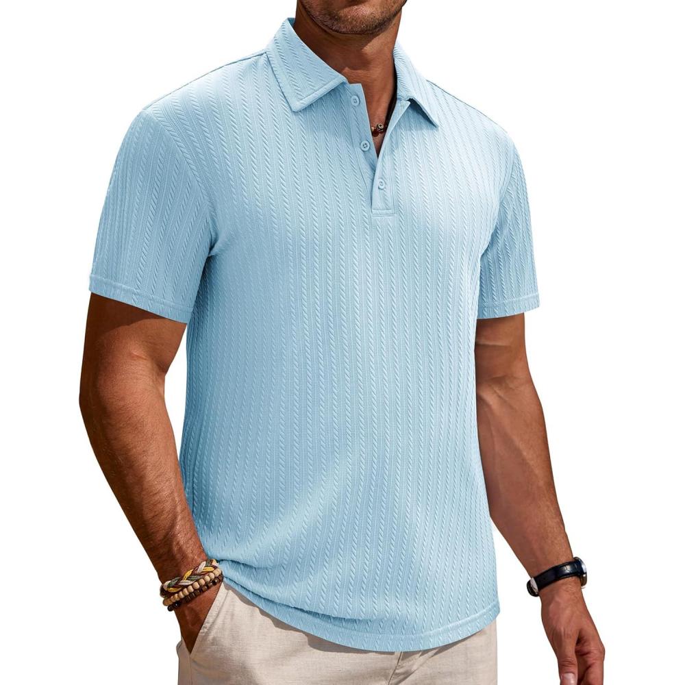 imageAlimens amp Gentle Mens Polo Shirts Short Sleeve Textured Knit Casual Beach Vacation Stretchy Golf ShirtsLight Blue