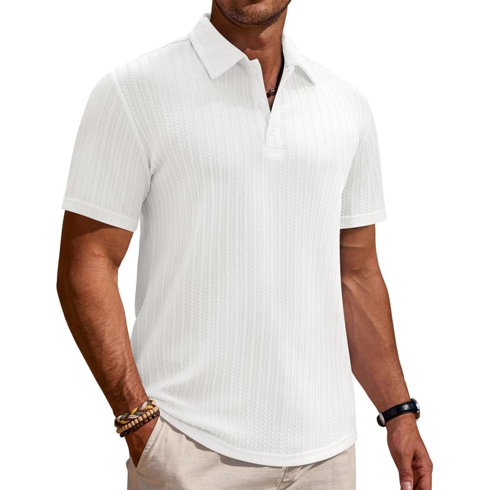imageAlimens amp Gentle Mens Polo Shirts Short Sleeve Textured Knit Casual Beach Vacation Stretchy Golf ShirtsWhite