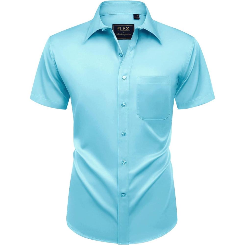 imageAlimens amp Gentle Mens Short Sleeve Dress Shirts Wrinkle Free Solid Casual Button Down Shirts with PocketAquamarine Blue